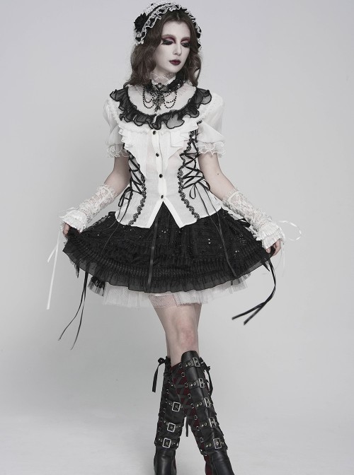 Black Rose Patterned White Double-Layered Lace Edges Sides 3D Flowers Decoration Gothic Style Lolita Headband