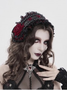 Black Red Rose Patterned Double-Layered Lace Edges Sides 3D Flowers Decoration Gothic Style Lolita Headband