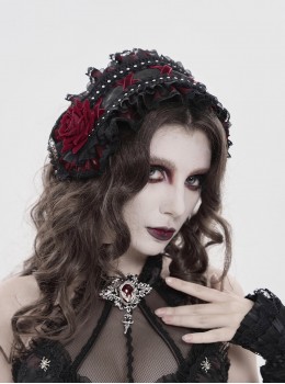 Black Red Rose Patterned Double-Layered Lace Edges Sides 3D Flowers Decoration Gothic Style Lolita Headband