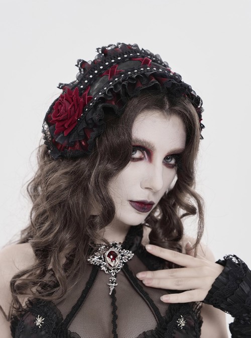 Black Red Rose Patterned Double-Layered Lace Edges Sides 3D Flowers Decoration Gothic Style Lolita Headband