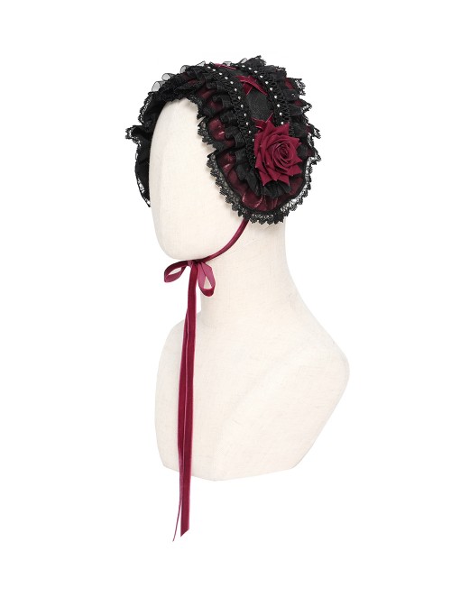 Black Red Rose Patterned Double-Layered Lace Edges Sides 3D Flowers Decoration Gothic Style Lolita Headband