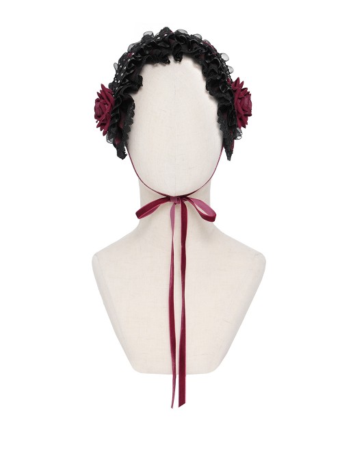 Black Red Rose Patterned Double-Layered Lace Edges Sides 3D Flowers Decoration Gothic Style Lolita Headband