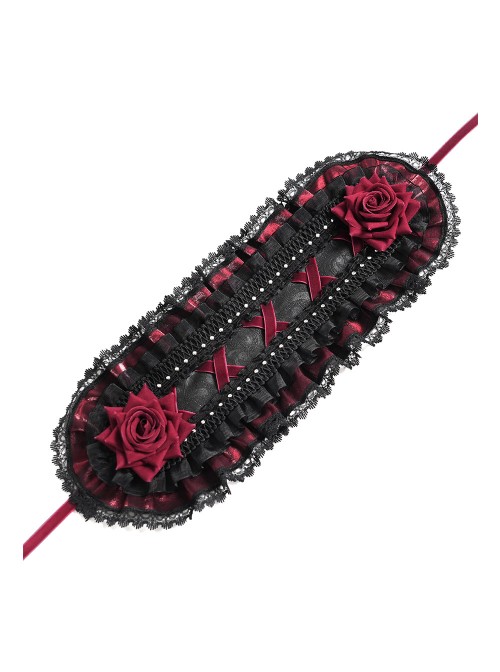 Black Red Rose Patterned Double-Layered Lace Edges Sides 3D Flowers Decoration Gothic Style Lolita Headband