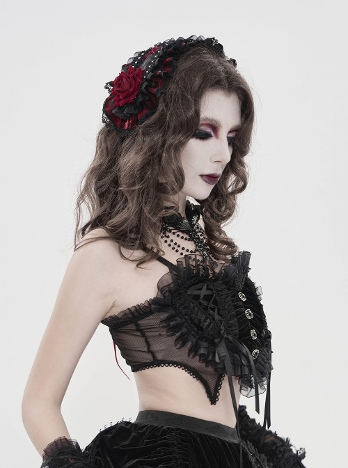 Black Red Rose Patterned Double-Layered Lace Edges Sides 3D Flowers Decoration Gothic Style Lolita Headband