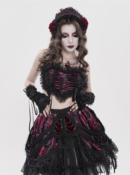 Black Red Rose Patterned Double-Layered Lace Edges Sides 3D Flowers Decoration Gothic Style Lolita Headband