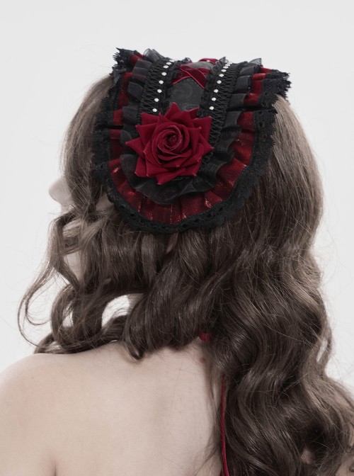 Black Red Rose Patterned Double-Layered Lace Edges Sides 3D Flowers Decoration Gothic Style Lolita Headband