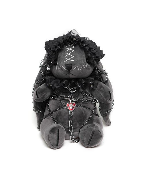 Black Short Plush Lace Chain Bondage Decoration Darkness Bunny Punk Style Lolita Sitting Doll
