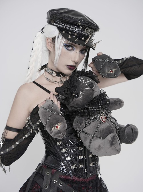 Black Short Plush Lace Chain Bondage Decoration Darkness Bunny Punk Style Lolita Sitting Doll