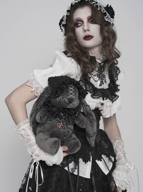 Black Short Plush Lace Chain Bondage Decoration Darkness Bunny Punk Style Lolita Sitting Doll