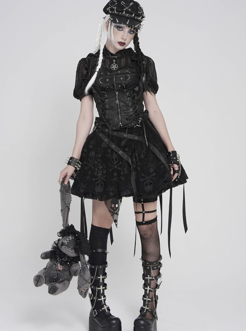 Black Short Plush Lace Chain Bondage Decoration Darkness Bunny Punk Style Lolita Sitting Doll