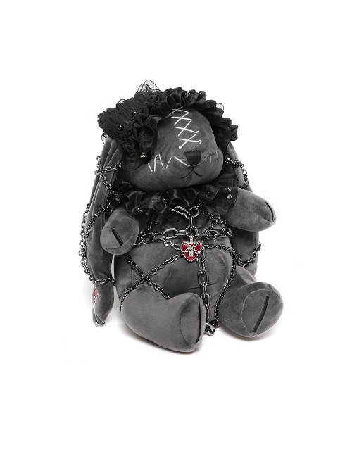 Black Short Plush Lace Chain Bondage Decoration Darkness Bunny Punk Style Lolita Sitting Doll