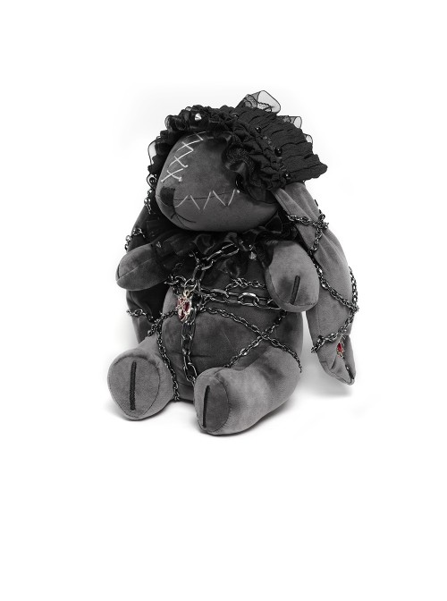 Black Short Plush Lace Chain Bondage Decoration Darkness Bunny Punk Style Lolita Sitting Doll