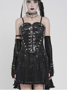 Black Dark-Patterned Glossy Leather Chest Spiked Rivet Decoration Punk Style Tube Top Slip Corset