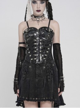 Black Dark-Patterned Glossy Leather Chest Spiked Rivet Decoration Punk Style Tube Top Slip Corset