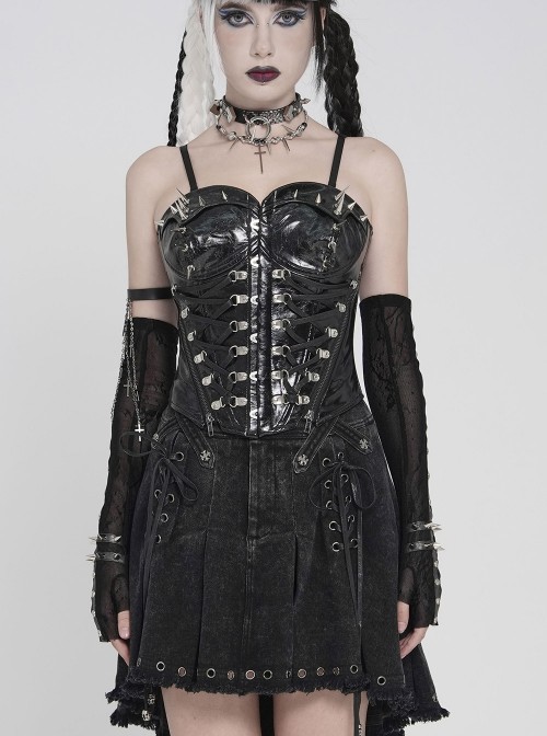 Black Dark-Patterned Glossy Leather Chest Spiked Rivet Decoration Punk Style Tube Top Slip Corset