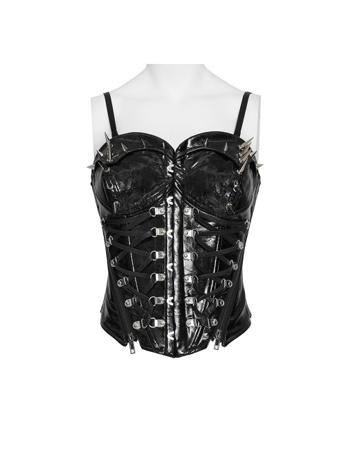 Black Dark-Patterned Glossy Leather Chest Spiked Rivet Decoration Punk Style Tube Top Slip Corset