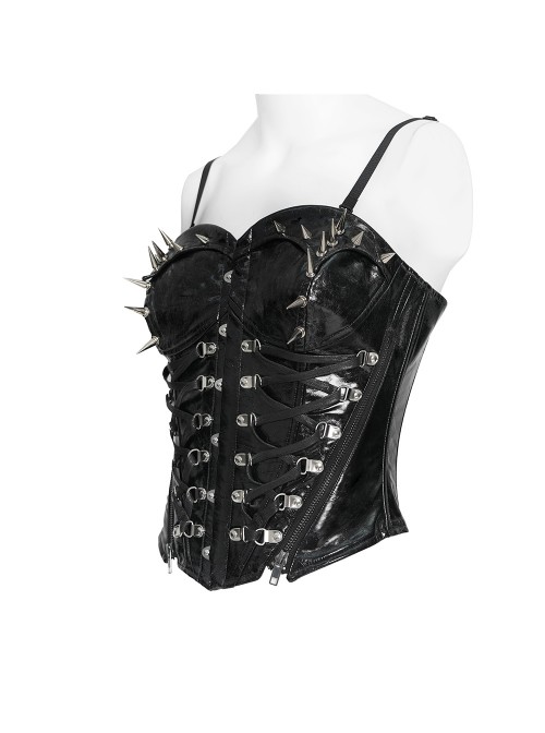 Black Dark-Patterned Glossy Leather Chest Spiked Rivet Decoration Punk Style Tube Top Slip Corset