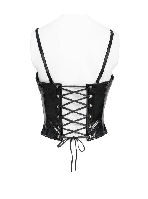Black Dark-Patterned Glossy Leather Chest Spiked Rivet Decoration Punk Style Tube Top Slip Corset