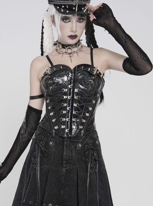Black Dark-Patterned Glossy Leather Chest Spiked Rivet Decoration Punk Style Tube Top Slip Corset