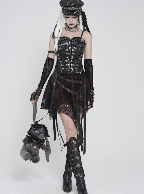 Black Dark-Patterned Glossy Leather Chest Spiked Rivet Decoration Punk Style Tube Top Slip Corset