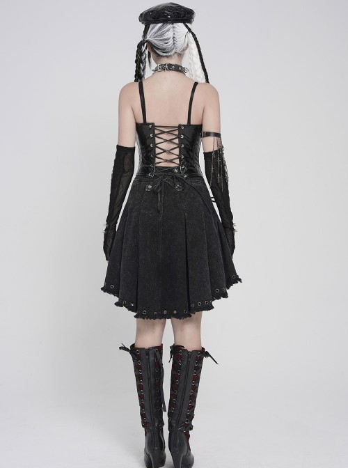 Black Dark-Patterned Glossy Leather Chest Spiked Rivet Decoration Punk Style Tube Top Slip Corset