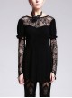 Black Lace Short Bubble Sleeve Rose Bead Necklace V-Shaped Back Lace-Up Gothic T-Shirt