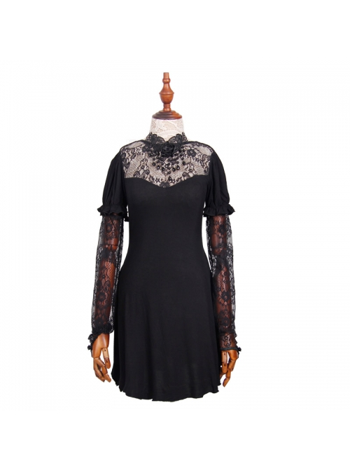 Black Lace Short Bubble Sleeve Rose Bead Necklace V-Shaped Back Lace-Up Gothic T-Shirt