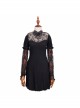 Black Lace Short Bubble Sleeve Rose Bead Necklace V-Shaped Back Lace-Up Gothic T-Shirt