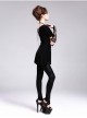 Black Lace Short Bubble Sleeve Rose Bead Necklace V-Shaped Back Lace-Up Gothic T-Shirt