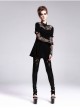 Black Lace Short Bubble Sleeve Rose Bead Necklace V-Shaped Back Lace-Up Gothic T-Shirt