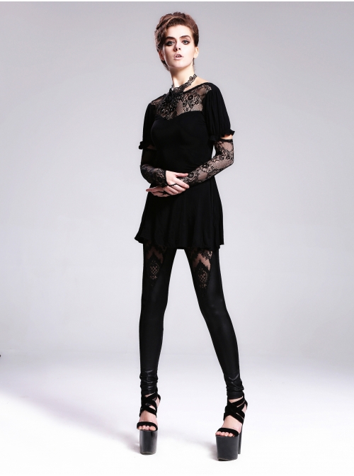 Black Lace Short Bubble Sleeve Rose Bead Necklace V-Shaped Back Lace-Up Gothic T-Shirt