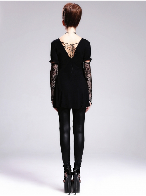 Black Lace Short Bubble Sleeve Rose Bead Necklace V-Shaped Back Lace-Up Gothic T-Shirt