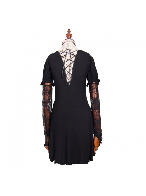 Black Lace Short Bubble Sleeve Rose Bead Necklace V-Shaped Back Lace-Up Gothic T-Shirt