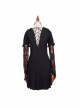 Black Lace Short Bubble Sleeve Rose Bead Necklace V-Shaped Back Lace-Up Gothic T-Shirt