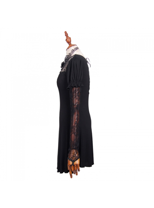 Black Lace Short Bubble Sleeve Rose Bead Necklace V-Shaped Back Lace-Up Gothic T-Shirt