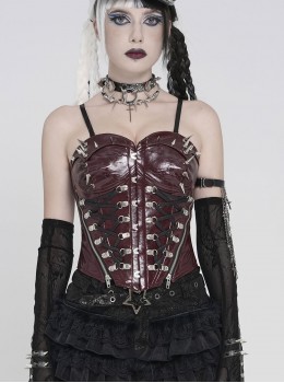 Red Dark-Patterned Glossy Leather Chest Spiked Rivet Decoration Punk Style Tube Top Slip Corset