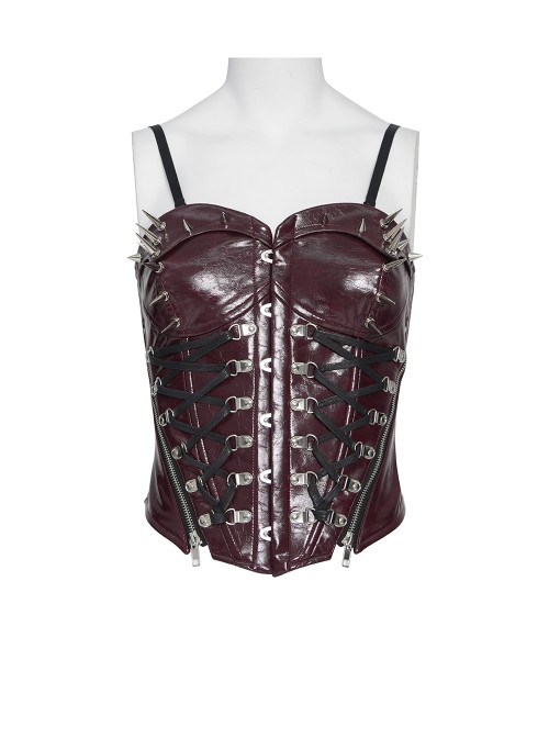 Red Dark-Patterned Glossy Leather Chest Spiked Rivet Decoration Punk Style Tube Top Slip Corset