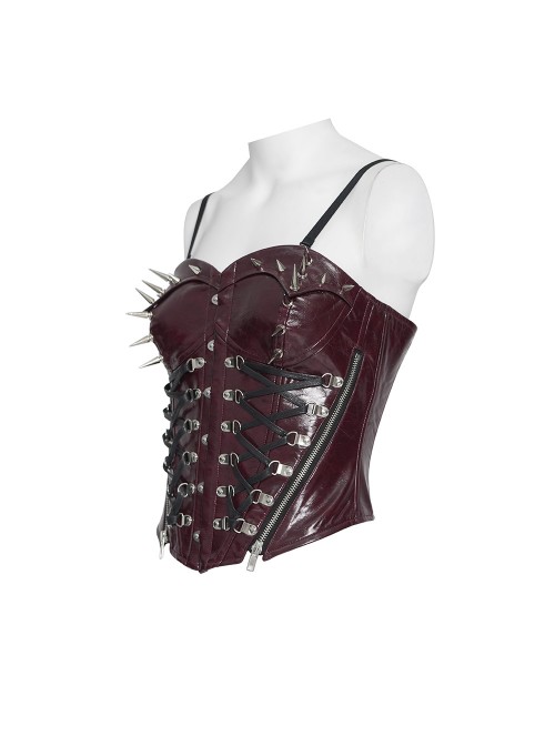 Red Dark-Patterned Glossy Leather Chest Spiked Rivet Decoration Punk Style Tube Top Slip Corset