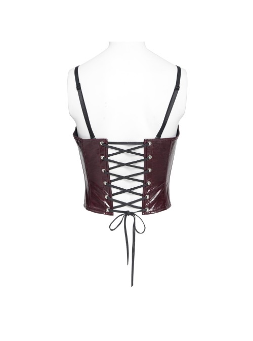 Red Dark-Patterned Glossy Leather Chest Spiked Rivet Decoration Punk Style Tube Top Slip Corset
