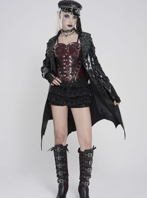 Red Dark-Patterned Glossy Leather Chest Spiked Rivet Decoration Punk Style Tube Top Slip Corset