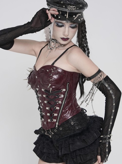 Red Dark-Patterned Glossy Leather Chest Spiked Rivet Decoration Punk Style Tube Top Slip Corset
