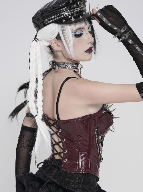 Red Dark-Patterned Glossy Leather Chest Spiked Rivet Decoration Punk Style Tube Top Slip Corset