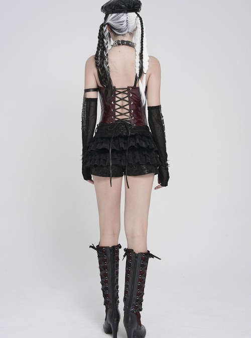 Red Dark-Patterned Glossy Leather Chest Spiked Rivet Decoration Punk Style Tube Top Slip Corset