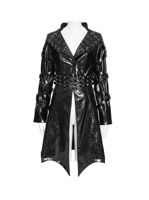 Black Dark-Patterned Glossy Leather Large Lapel V-Neck Multi-Loop Design Pointed Hem Long Sleeves Punk Style Mid-Length Coat