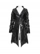 Black Dark-Patterned Glossy Leather Large Lapel V-Neck Multi-Loop Design Pointed Hem Long Sleeves Punk Style Mid-Length Coat