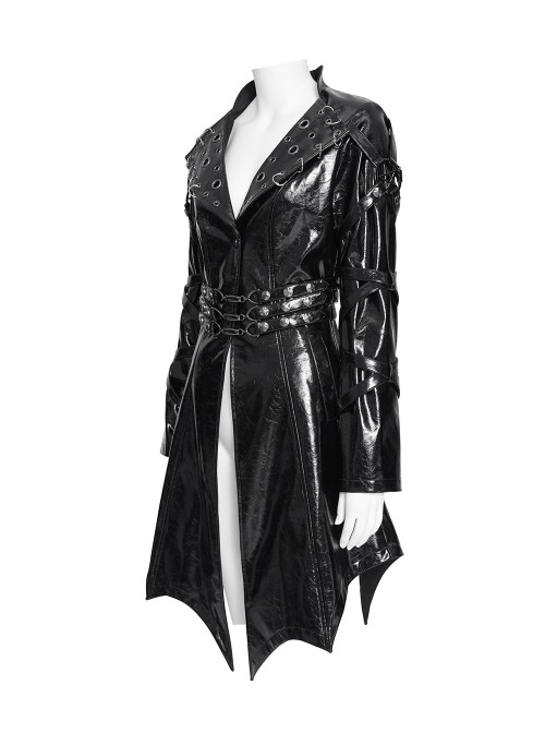 Black Dark-Patterned Glossy Leather Large Lapel V-Neck Multi-Loop Design Pointed Hem Long Sleeves Punk Style Mid-Length Coat