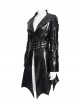 Black Dark-Patterned Glossy Leather Large Lapel V-Neck Multi-Loop Design Pointed Hem Long Sleeves Punk Style Mid-Length Coat