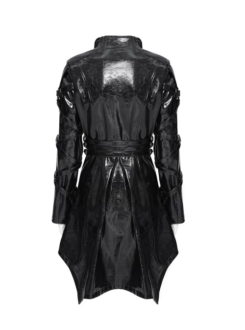 Black Dark-Patterned Glossy Leather Large Lapel V-Neck Multi-Loop Design Pointed Hem Long Sleeves Punk Style Mid-Length Coat