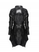 Black Dark-Patterned Glossy Leather Large Lapel V-Neck Multi-Loop Design Pointed Hem Long Sleeves Punk Style Mid-Length Coat