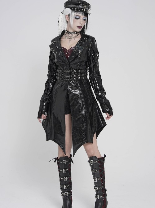 Black Dark-Patterned Glossy Leather Large Lapel V-Neck Multi-Loop Design Pointed Hem Long Sleeves Punk Style Mid-Length Coat